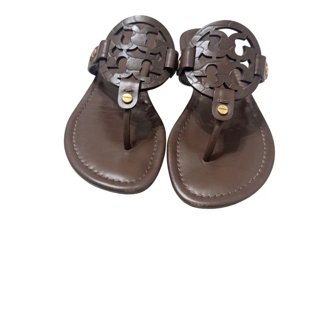 Tory Burch Miller Sandals Womens 6 Brown Leather Logo Thong Flat 5930 K17